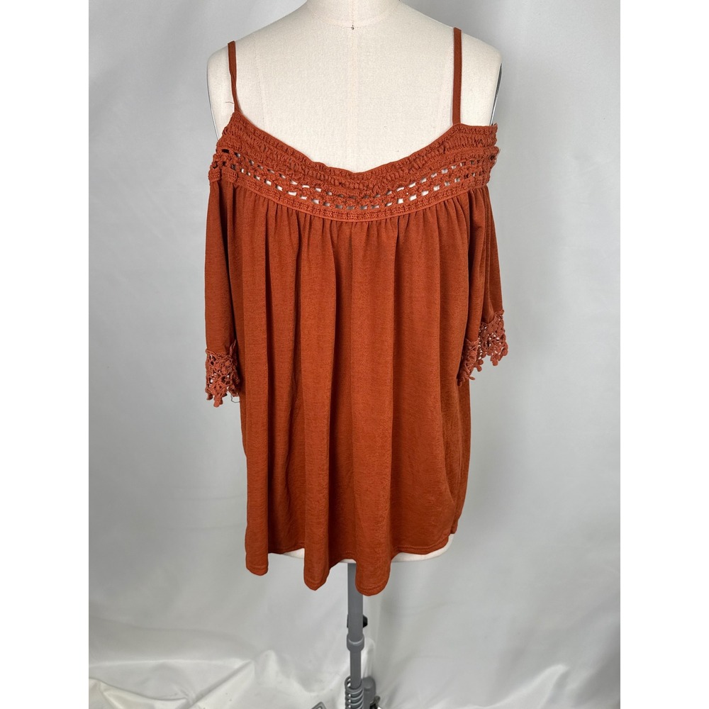 Rue21 Womens XL Rust Orange Cold Shoulder‎ Crochet Trim Knit Blouse Top Boho